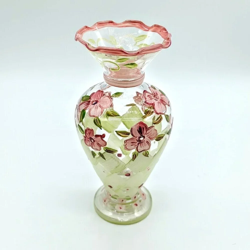 Tracy Porter Hand-Painted Green Pink Floral Glass Bud Vase